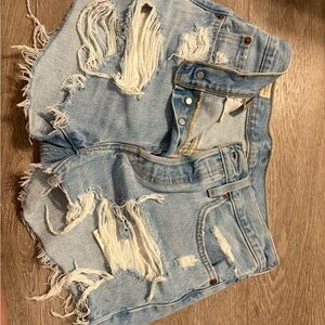 Distressed Levi Light Blue Denim 501 Shorts